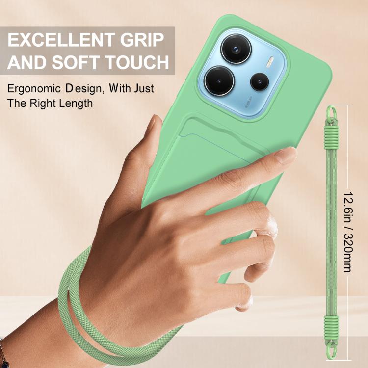 For Redmi Note 14 4G 163.25mm Integrated Card Bag Solid Color Liquid Silicone Phone Case Gen2 with Short Lanyard