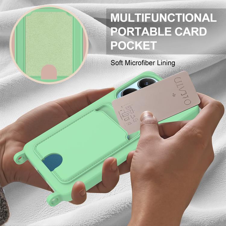 For Redmi Note 14 4G 163.25mm Integrated Card Bag Solid Color Liquid Silicone Phone Case Gen2 with Short Lanyard