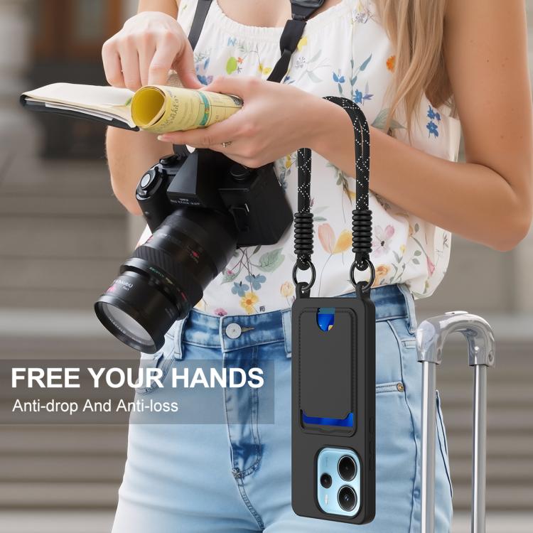 For Redmi Note 14 4G 163.25mm Integrated Card Bag Solid Color Liquid Silicone Phone Case Gen2 with Short Lanyard