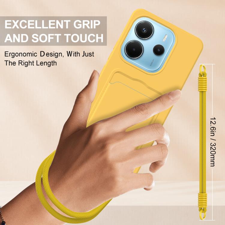 For Redmi Note 14 4G 163.25mm Integrated Card Bag Solid Color Liquid Silicone Phone Case Gen2 with Short Lanyard