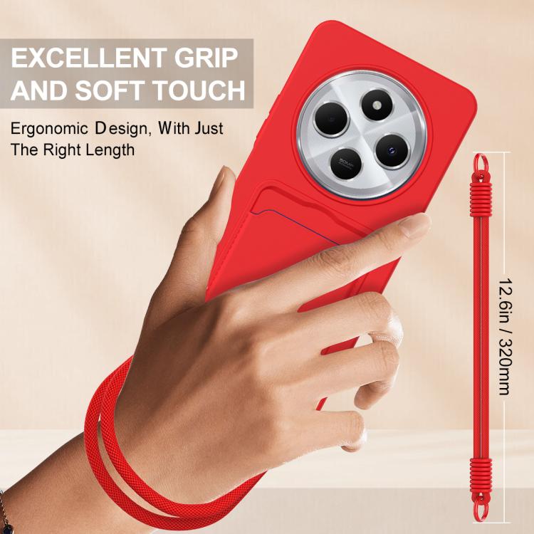 For Redmi 14C 4G / 14R 5G / A4 5G Integrated Card Bag Solid Color Liquid Silicone Phone Case Gen2 with Short Lanyard