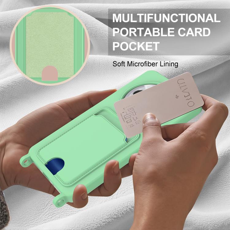 For Redmi 14C 4G / 14R 5G / A4 5G Integrated Card Bag Solid Color Liquid Silicone Phone Case Gen2 with Short Lanyard