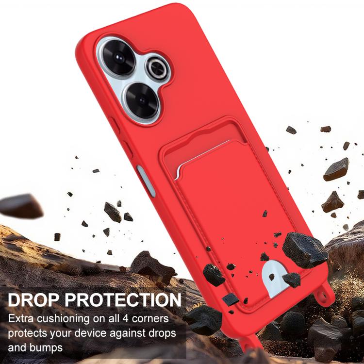 For Redmi 13 4G / 13 5G / Note 13R 5G Integrated Card Bag Solid Color Liquid Silicone Phone Case Gen2 with Short Lanyard