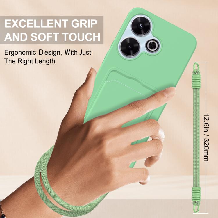 For Redmi 13 4G / 13 5G / Note 13R 5G Integrated Card Bag Solid Color Liquid Silicone Phone Case Gen2 with Short Lanyard