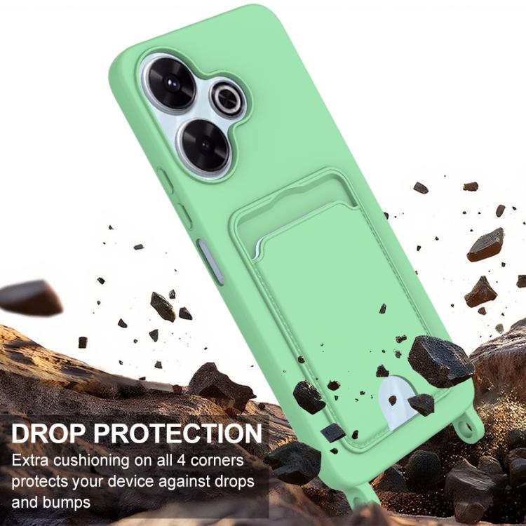 For Redmi 13 4G / 13 5G / Note 13R 5G Integrated Card Bag Solid Color Liquid Silicone Phone Case Gen2 with Short Lanyard