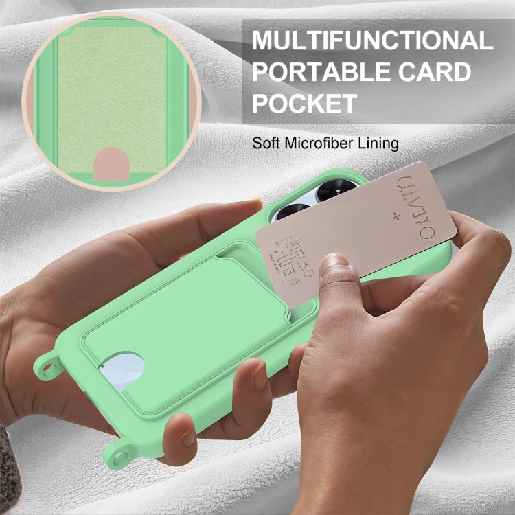 For Redmi 13 4G / 13 5G / Note 13R 5G Integrated Card Bag Solid Color Liquid Silicone Phone Case Gen2 with Short Lanyard