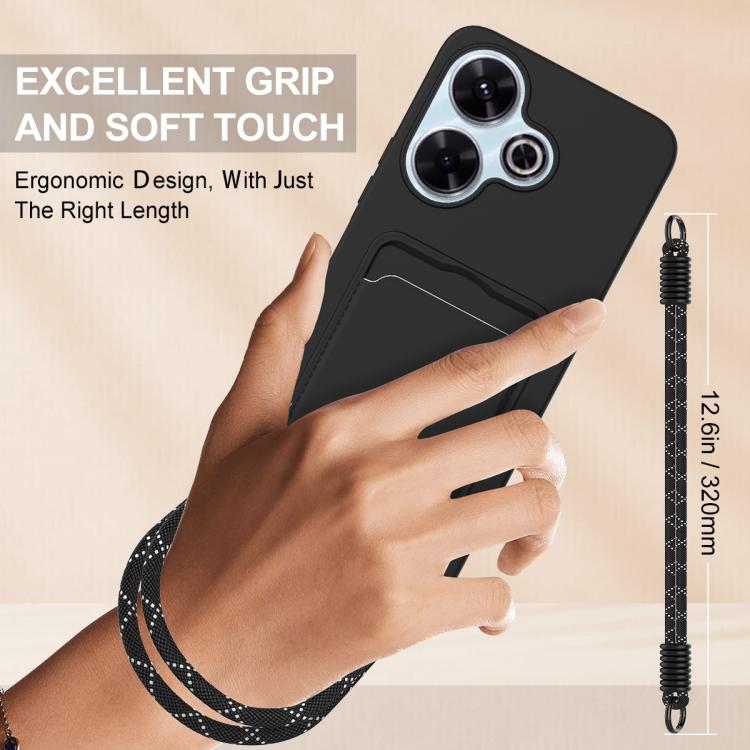 For Redmi 13 4G / 13 5G / Note 13R 5G Integrated Card Bag Solid Color Liquid Silicone Phone Case Gen2 with Short Lanyard