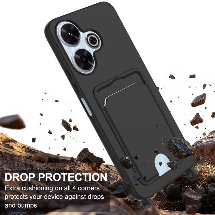 For Redmi 13 4G / 13 5G / Note 13R 5G Integrated Card Bag Solid Color Liquid Silicone Phone Case Gen2 with Short Lanyard
