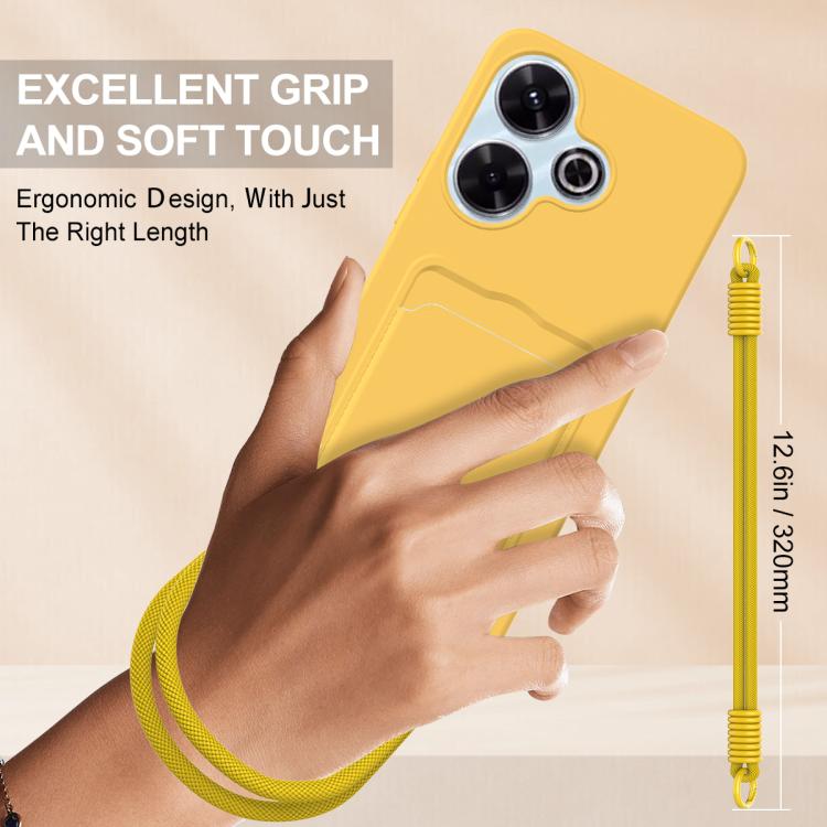 For Redmi 13 4G / 13 5G / Note 13R 5G Integrated Card Bag Solid Color Liquid Silicone Phone Case Gen2 with Short Lanyard