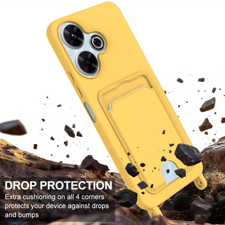 For Redmi 13 4G / 13 5G / Note 13R 5G Integrated Card Bag Solid Color Liquid Silicone Phone Case Gen2 with Short Lanyard