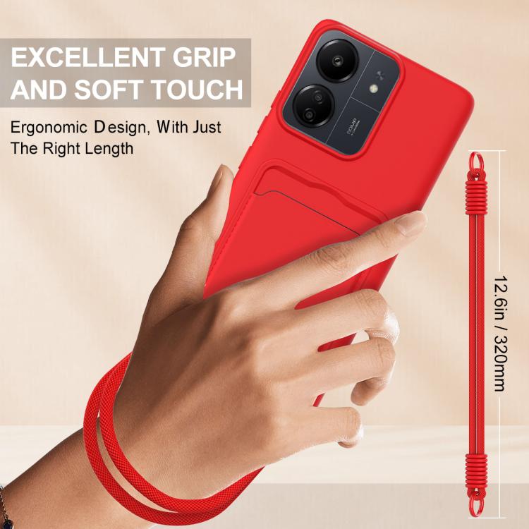 For Redmi 13C 4G / 13C 5G / 13R 5G Integrated Card Bag Solid Color Liquid Silicone Phone Case Gen2 with Short Lanyard