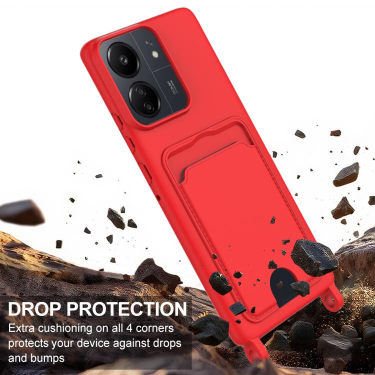 For Redmi 13C 4G / 13C 5G / 13R 5G Integrated Card Bag Solid Color Liquid Silicone Phone Case Gen2 with Short Lanyard