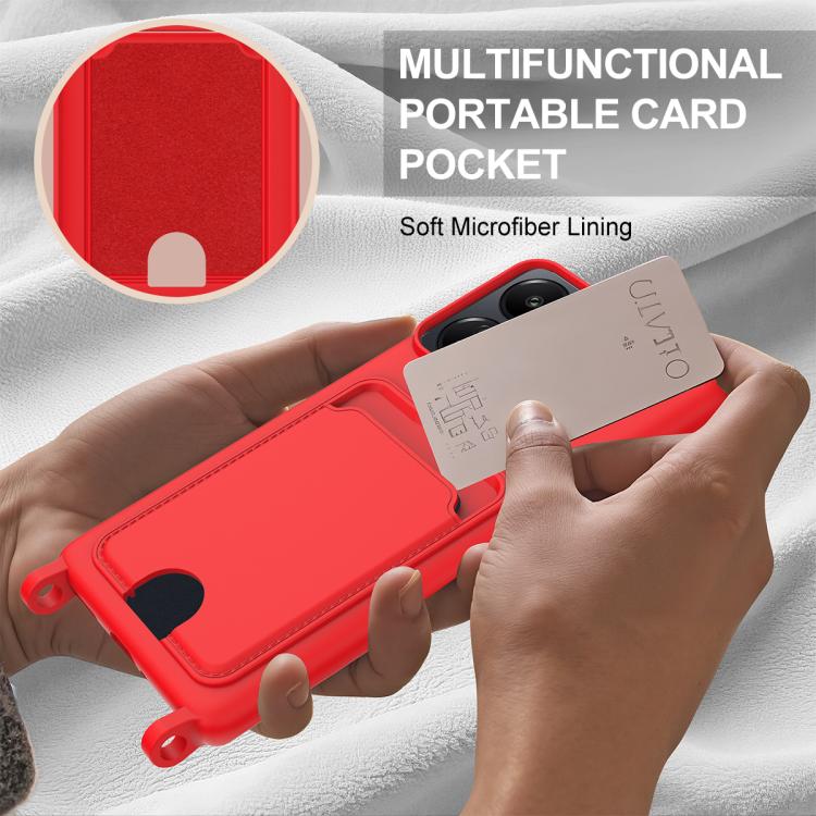 For Redmi 13C 4G / 13C 5G / 13R 5G Integrated Card Bag Solid Color Liquid Silicone Phone Case Gen2 with Short Lanyard