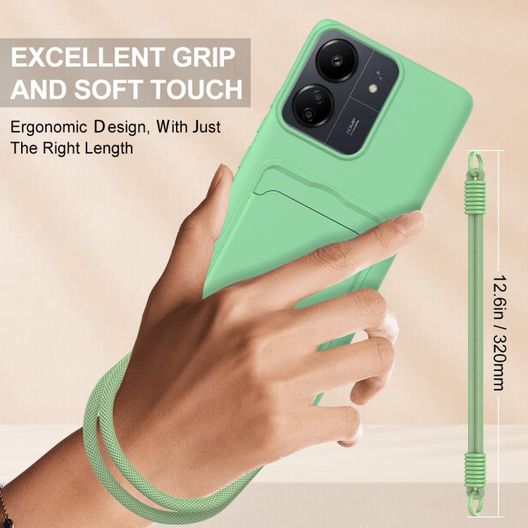 For Redmi 13C 4G / 13C 5G / 13R 5G Integrated Card Bag Solid Color Liquid Silicone Phone Case Gen2 with Short Lanyard