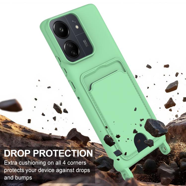 For Redmi 13C 4G / 13C 5G / 13R 5G Integrated Card Bag Solid Color Liquid Silicone Phone Case Gen2 with Short Lanyard
