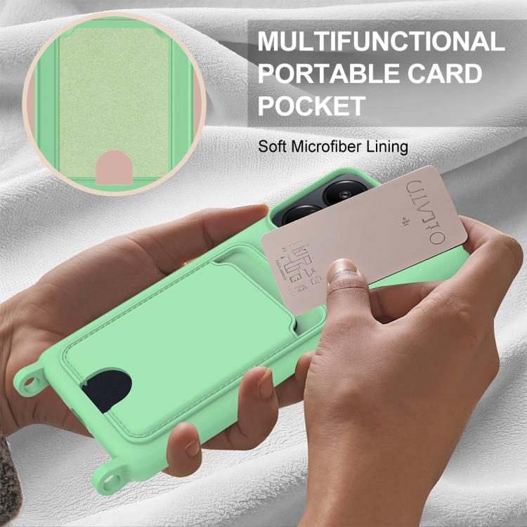 For Redmi 13C 4G / 13C 5G / 13R 5G Integrated Card Bag Solid Color Liquid Silicone Phone Case Gen2 with Short Lanyard