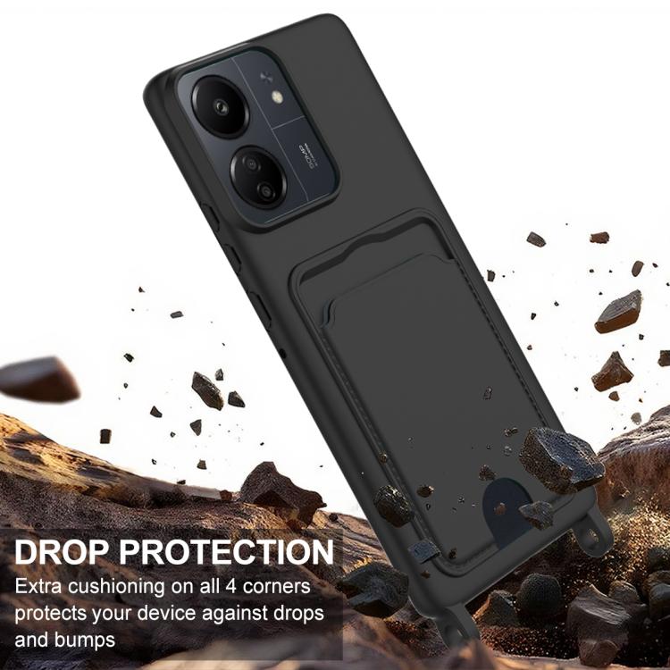 For Redmi 13C 4G / 13C 5G / 13R 5G Integrated Card Bag Solid Color Liquid Silicone Phone Case Gen2 with Short Lanyard