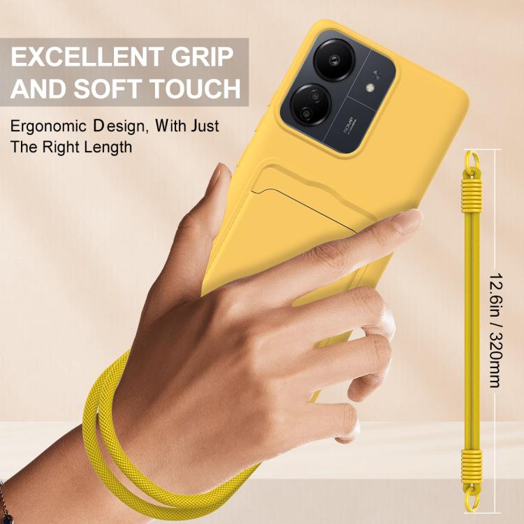 For Redmi 13C 4G / 13C 5G / 13R 5G Integrated Card Bag Solid Color Liquid Silicone Phone Case Gen2 with Short Lanyard