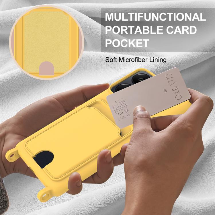 For Redmi 13C 4G / 13C 5G / 13R 5G Integrated Card Bag Solid Color Liquid Silicone Phone Case Gen2 with Short Lanyard