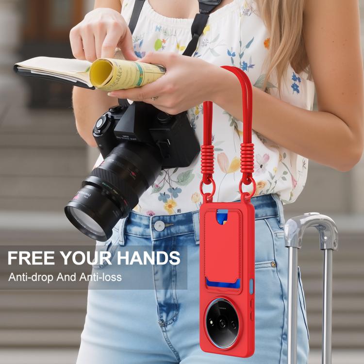 For Redmi A3 4G / A3x 4G / Poco C61 Integrated Card Bag Solid Color Liquid Silicone Phone Case Gen2 with Short Lanyard