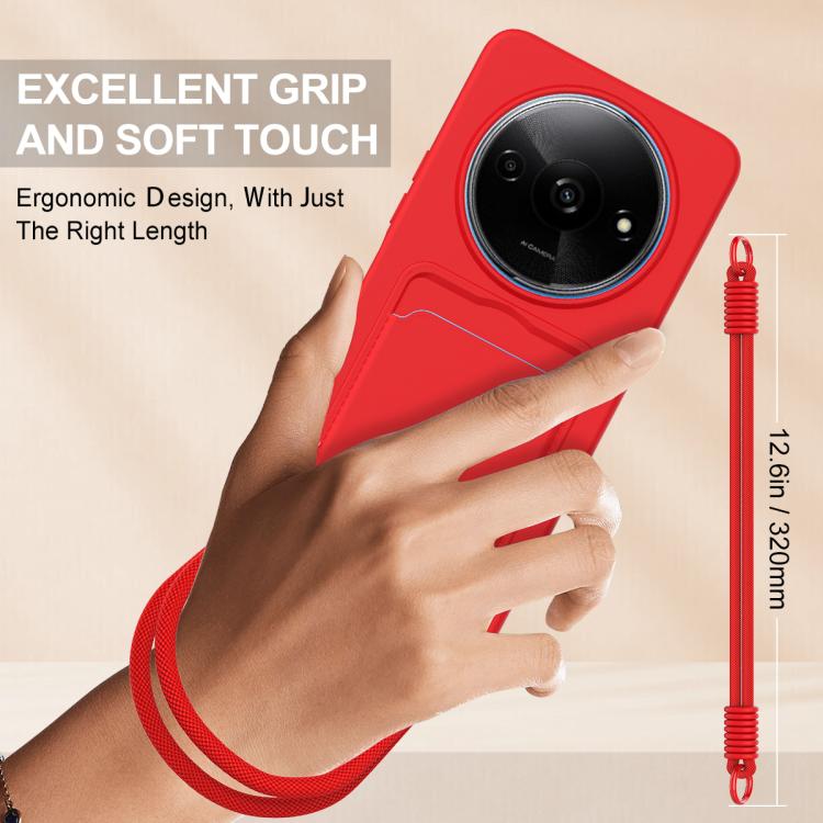 For Redmi A3 4G / A3x 4G / Poco C61 Integrated Card Bag Solid Color Liquid Silicone Phone Case Gen2 with Short Lanyard