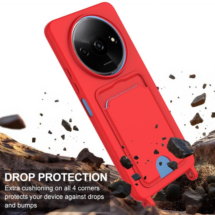 For Redmi A3 4G / A3x 4G / Poco C61 Integrated Card Bag Solid Color Liquid Silicone Phone Case Gen2 with Short Lanyard