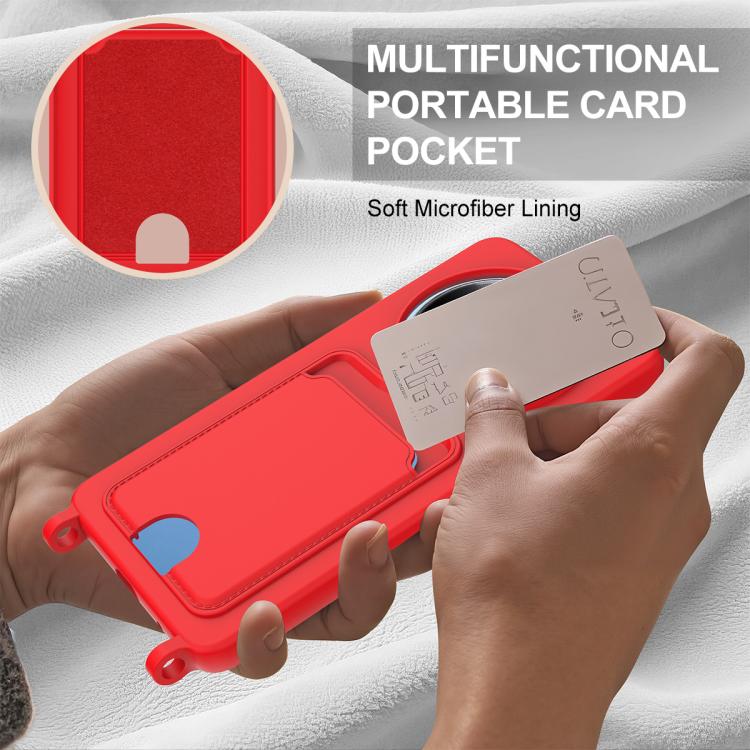 For Redmi A3 4G / A3x 4G / Poco C61 Integrated Card Bag Solid Color Liquid Silicone Phone Case Gen2 with Short Lanyard