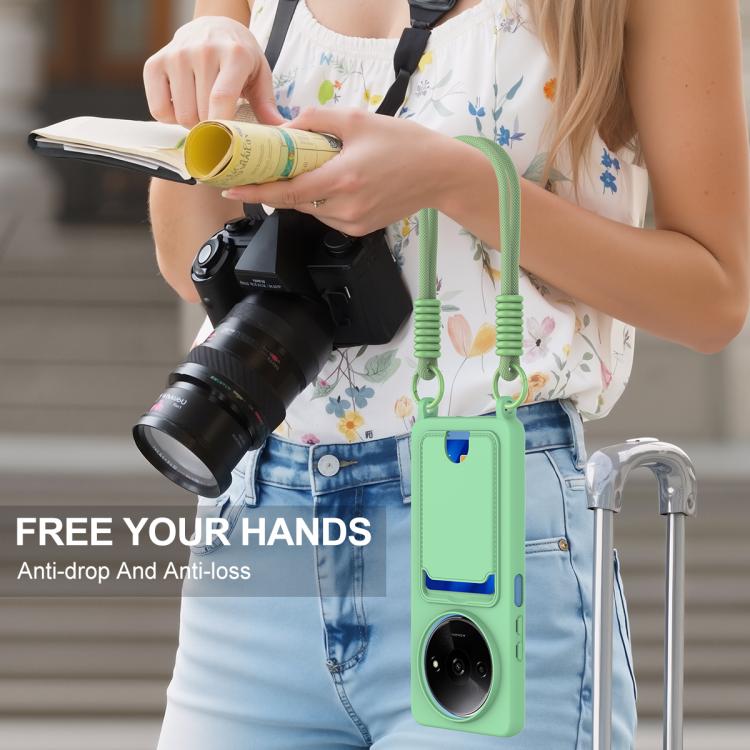 For Redmi A3 4G / A3x 4G / Poco C61 Integrated Card Bag Solid Color Liquid Silicone Phone Case Gen2 with Short Lanyard