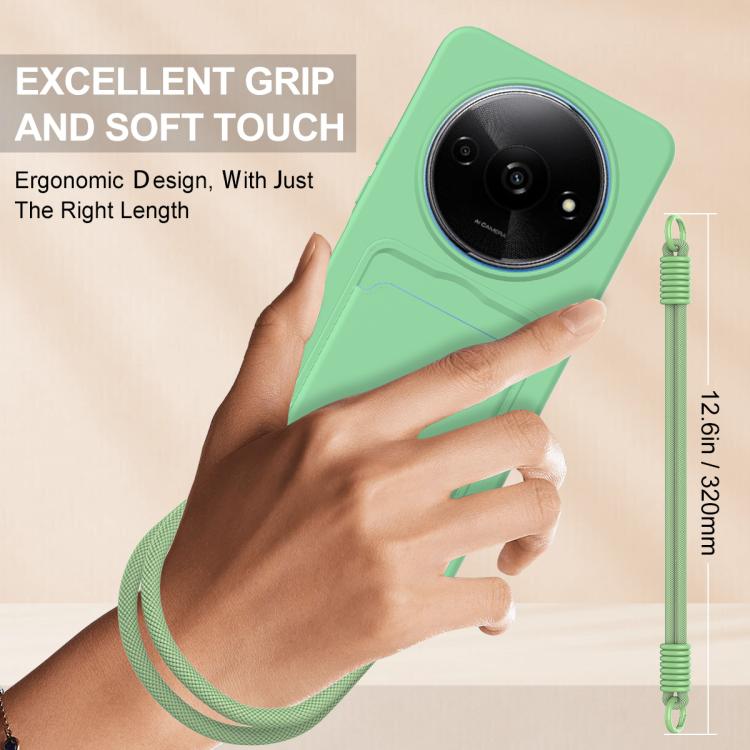 For Redmi A3 4G / A3x 4G / Poco C61 Integrated Card Bag Solid Color Liquid Silicone Phone Case Gen2 with Short Lanyard