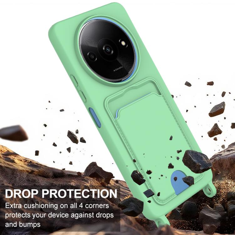 For Redmi A3 4G / A3x 4G / Poco C61 Integrated Card Bag Solid Color Liquid Silicone Phone Case Gen2 with Short Lanyard