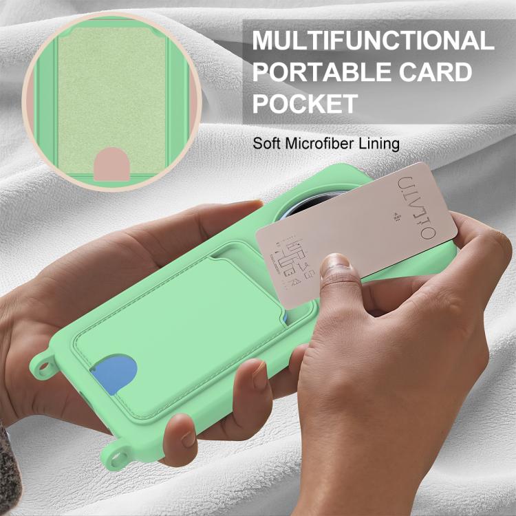 For Redmi A3 4G / A3x 4G / Poco C61 Integrated Card Bag Solid Color Liquid Silicone Phone Case Gen2 with Short Lanyard