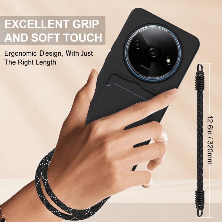 For Redmi A3 4G / A3x 4G / Poco C61 Integrated Card Bag Solid Color Liquid Silicone Phone Case Gen2 with Short Lanyard
