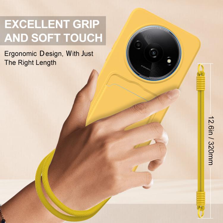 For Redmi A3 4G / A3x 4G / Poco C61 Integrated Card Bag Solid Color Liquid Silicone Phone Case Gen2 with Short Lanyard