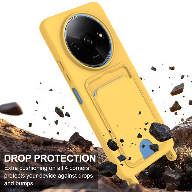 For Redmi A3 4G / A3x 4G / Poco C61 Integrated Card Bag Solid Color Liquid Silicone Phone Case Gen2 with Short Lanyard