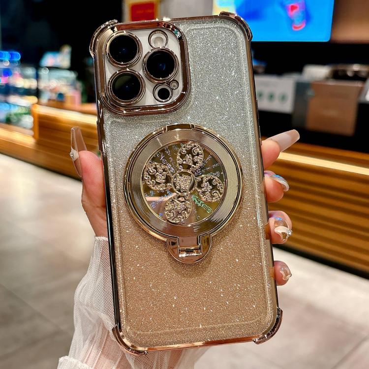 For iPhone 15 Pro Gradient Glitter Spinning Top Holder Phone Case