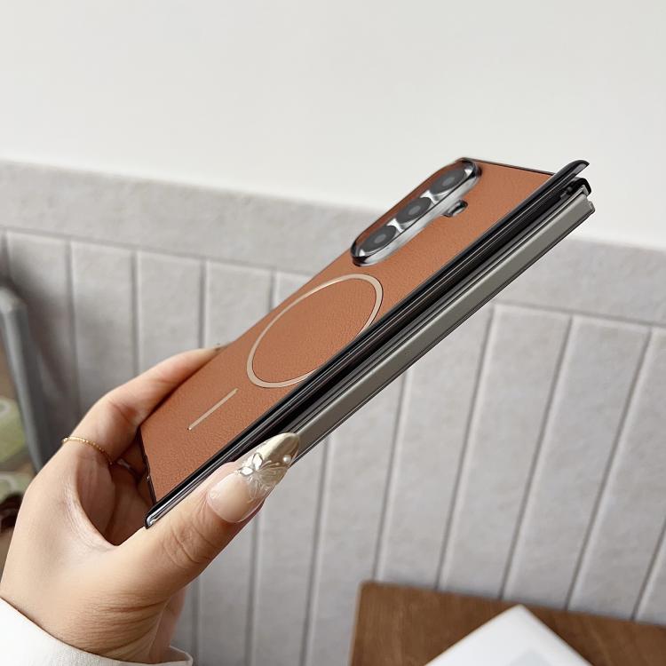 For Samsung Galaxy Z Fold7 Folding Shaft Magsafe Plain Leather Phone Case