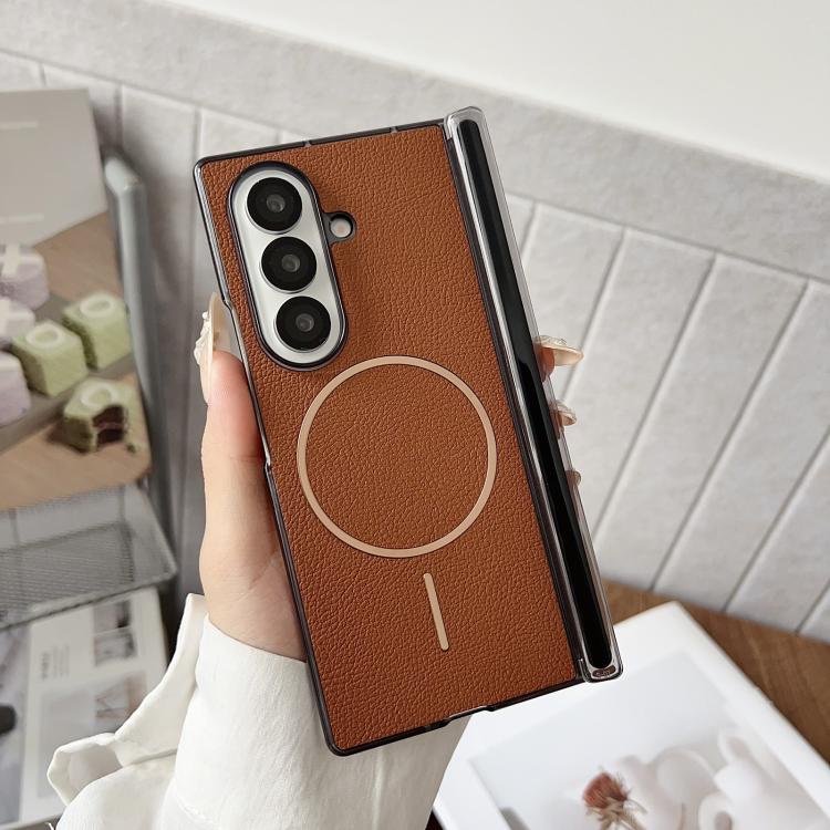For Samsung Galaxy Z Fold7 Folding Shaft Magsafe Plain Leather Phone Case