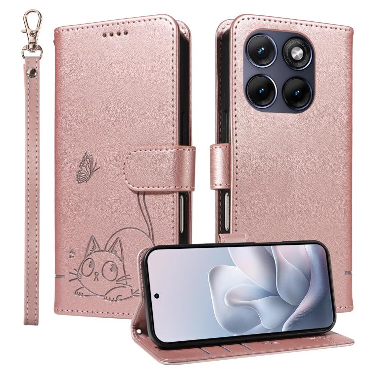 For Motorola Edge 70 Fusion 5G Adorable Cat Embossed Pattern Flip Leather Phone Case