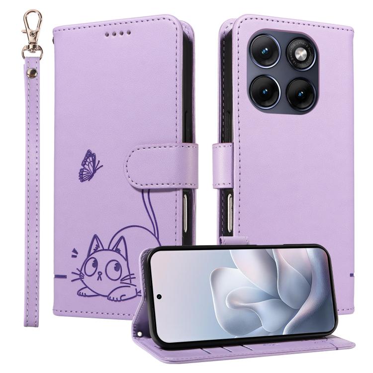 For Motorola Edge 70 Fusion 5G Adorable Cat Embossed Pattern Flip Leather Phone Case