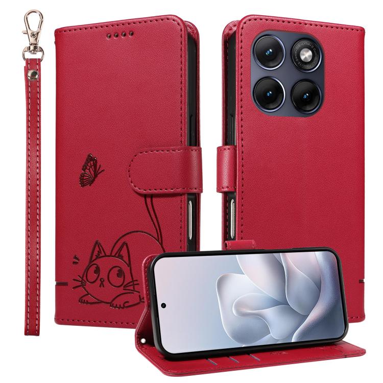 For Motorola Edge 70 Fusion 5G Adorable Cat Embossed Pattern Flip Leather Phone Case
