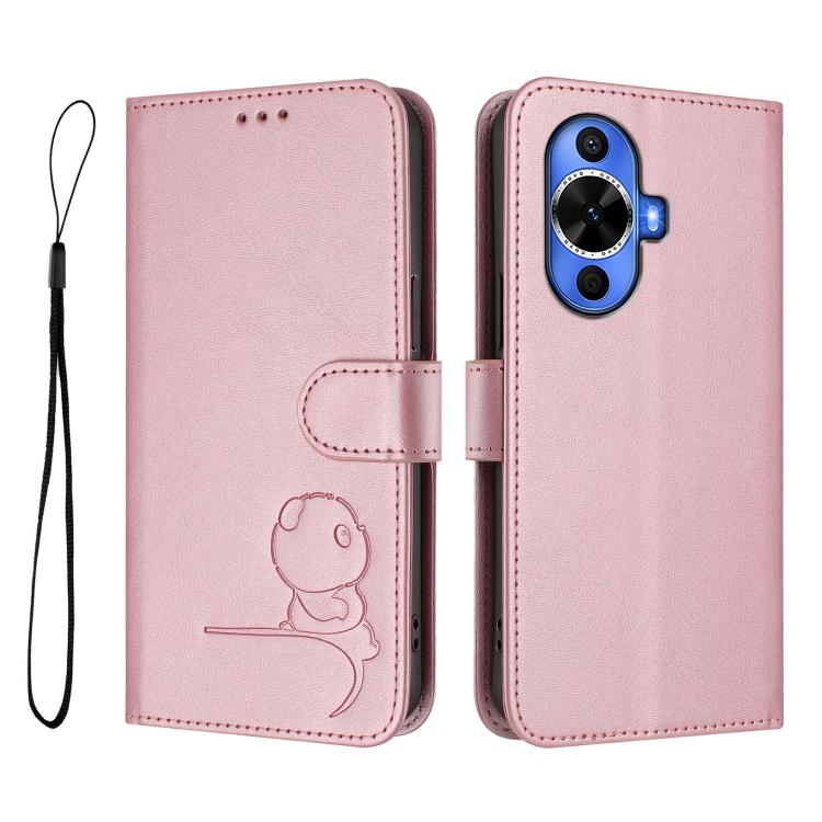 For Huawei nova 12s Litter Panda Embossing RFID Leather Phone Case with Lanyard