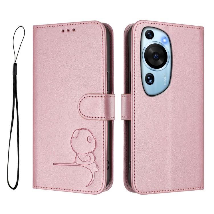 For Huawei P60 Art Litter Panda Embossing RFID Leather Phone Case with Lanyard