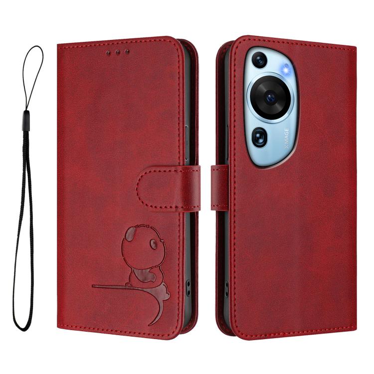 For Huawei P60 Art Litter Panda Embossing RFID Leather Phone Case with Lanyard