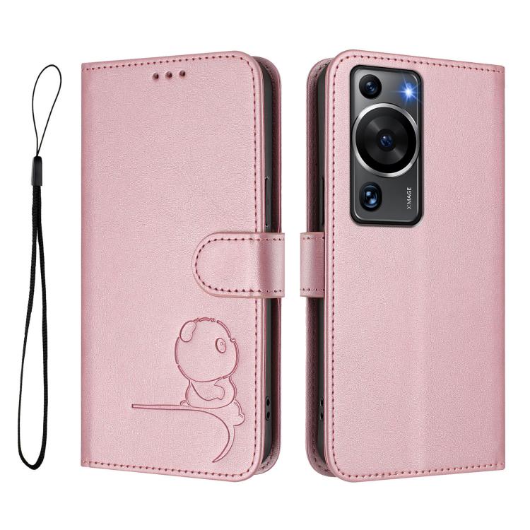 For Huawei P60 / P60 Pro Litter Panda Embossing RFID Leather Phone Case with Lanyard