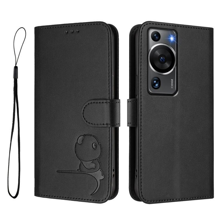 For Huawei P60 / P60 Pro Litter Panda Embossing RFID Leather Phone Case with Lanyard