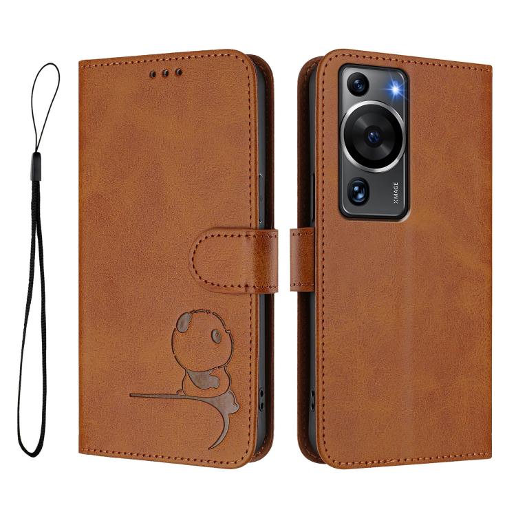 For Huawei P60 / P60 Pro Litter Panda Embossing RFID Leather Phone Case with Lanyard
