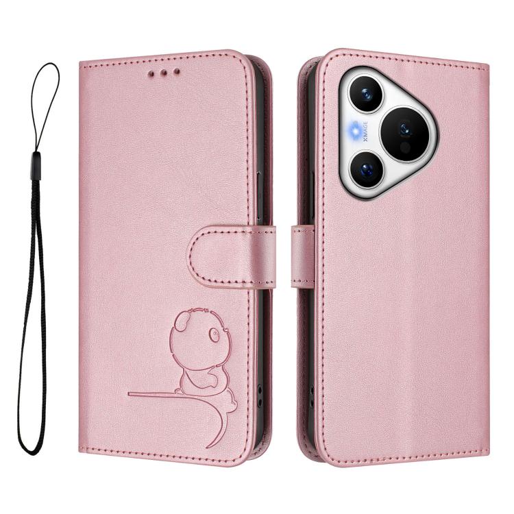 For Huawei Pura 70 Litter Panda Embossing RFID Leather Phone Case with Lanyard