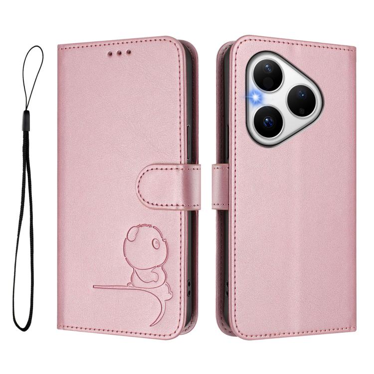 For Huawei Pura 80 Litter Panda Embossing RFID Leather Phone Case with Lanyard