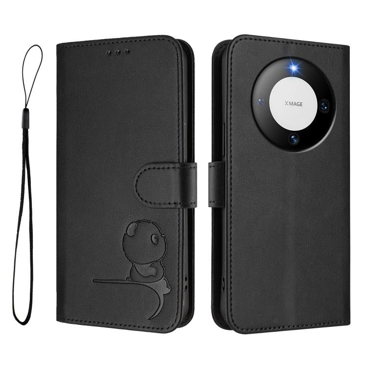 For Huawei Mate 60 Litter Panda Embossing RFID Leather Phone Case with Lanyard