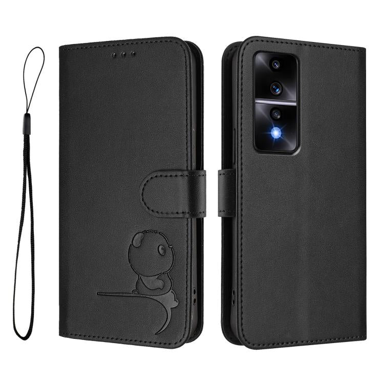 For Honor 80 GT Litter Panda Embossing RFID Leather Phone Case with Lanyard